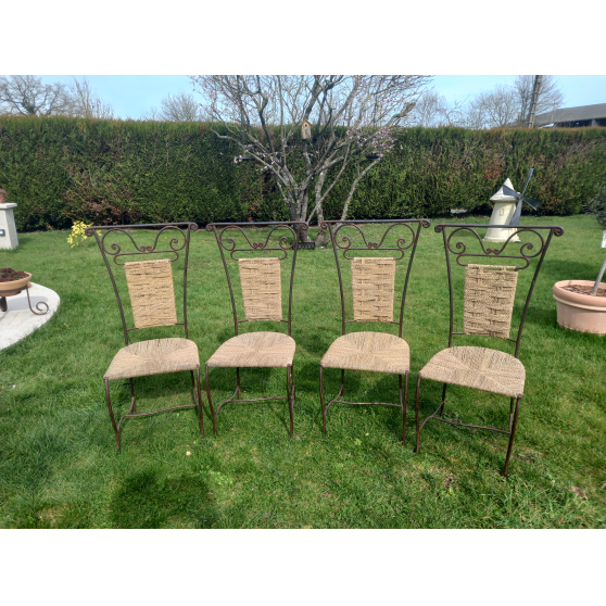 4 chaises en fer forg&eacute; en Corde Tiss&eacute;e